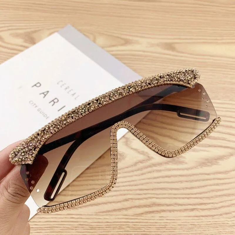 반짝이 다이아몬드 오버 사이즈 선글라스 여성 패션 브랜드 디자이너 원피스 태양 안경 빈티지 여름 UV400 석 선글래스