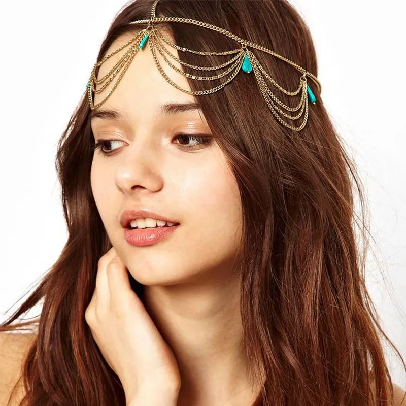 Boho Turquoise Headband Layered Tassel Head Chain Festival Hair Accessories for Women and Girls (Gold)