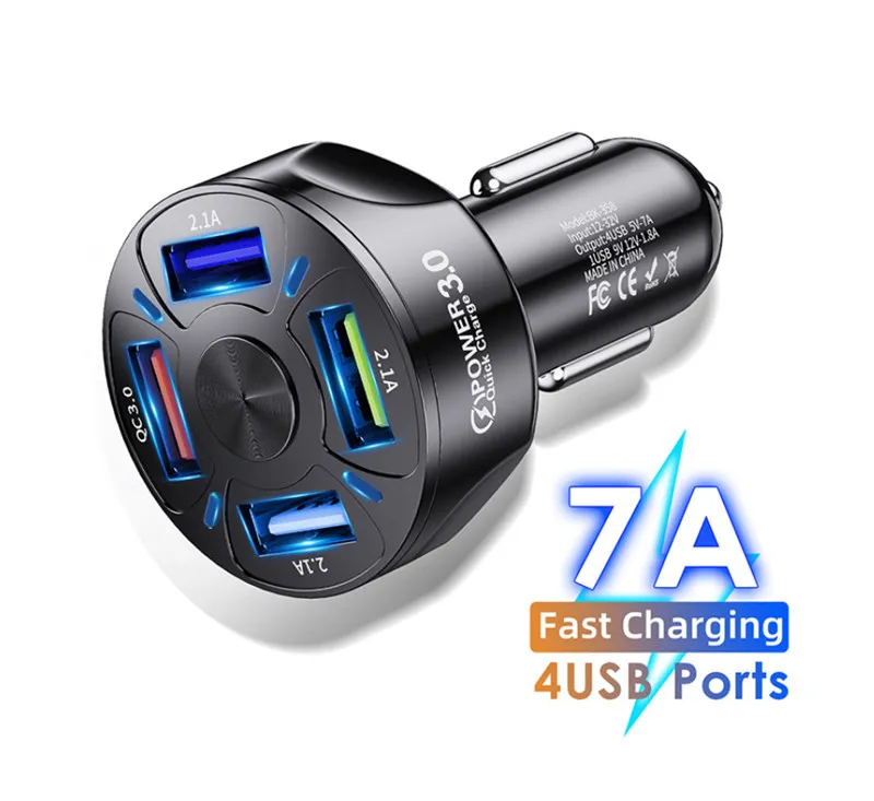 4 porty USB Car Charger 48W Szybkie 7a Mini Szybkie ładowanie dla iPhone 13 Xiaomi Huawei Ładowarka telefonu komórkowego Adapter w samochodzie