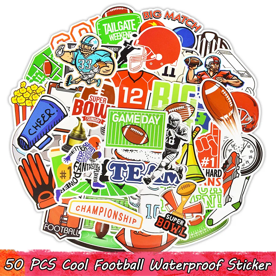 50 datorer Cool Football Waterproof Sticker Game Day Football Theme Party Stickers Gift Diy Water Bottl Laptop Suitcase Guitar Stickers Decals