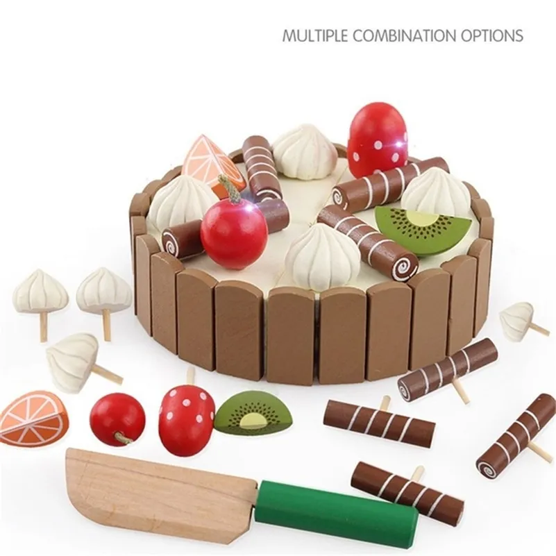 Children Kitchen Pretend Cutting Cake Play Food Kids Wooden Fruit Cooking Toys For Baby Birthday Interests LJ201007