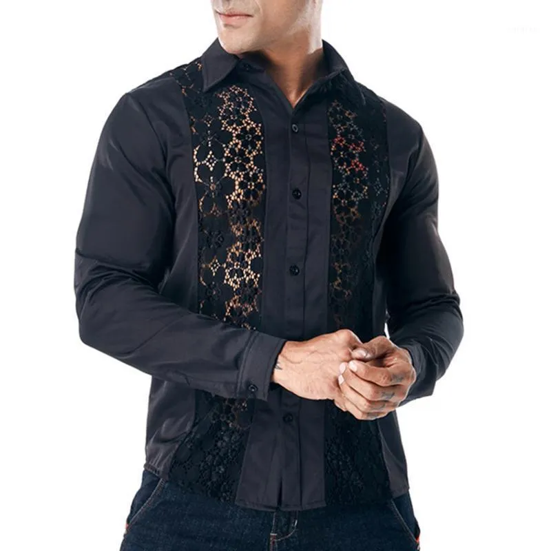 Men's Casual Shirts Men Black Lace Shirt Autumn Bilateral Decoration Floral Embroidery Sexy Dress Male Party Wedding Social Shirt1