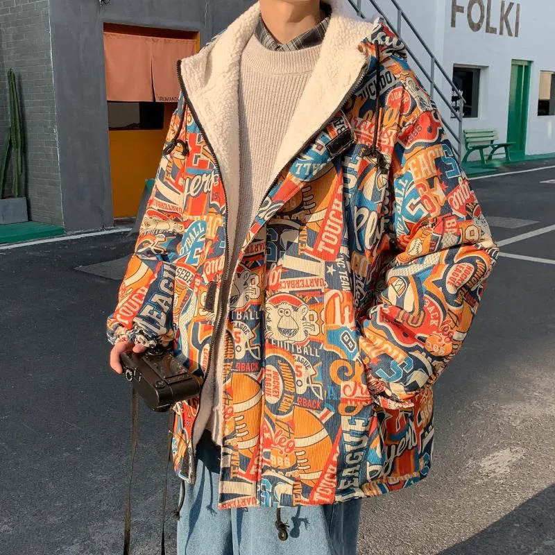 Mäns Down Parkas Men Woolen Full Print Hop Winter Jacket 2021 Mens Harajuku Graffiti Coats Man Koreanska Fashions Chic Oversize Windbreaker