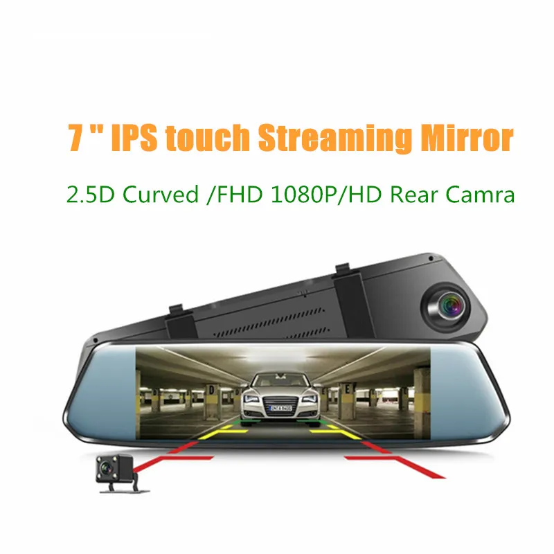 جديد 7 CAR DVR Screen Screen Stream Rearview Mirror Dash Cam Full HD 1080 Car Video Camera مع 2 5D Glass2749