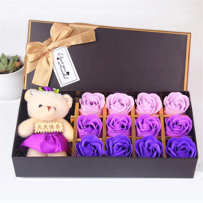 12 Sztuk Różowe Pudełko Romantyczny Sztuczny Różany Mydło Kwiat Z Zabawką Niedźwiedź Pudełko Pudełko Matki Dnia Walentynki Róża Prezent
