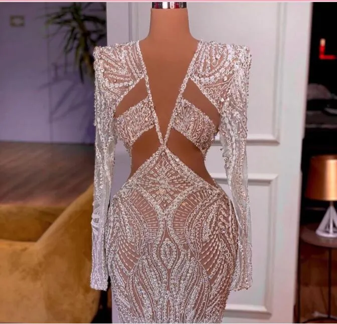 Evening dress Women dress Kylie jenner Long sleeve High neck Lace Silver Crystals Sequines High-Neck Yousef aljasmi Kim kardashian Kendal Jenner Zuhair murad