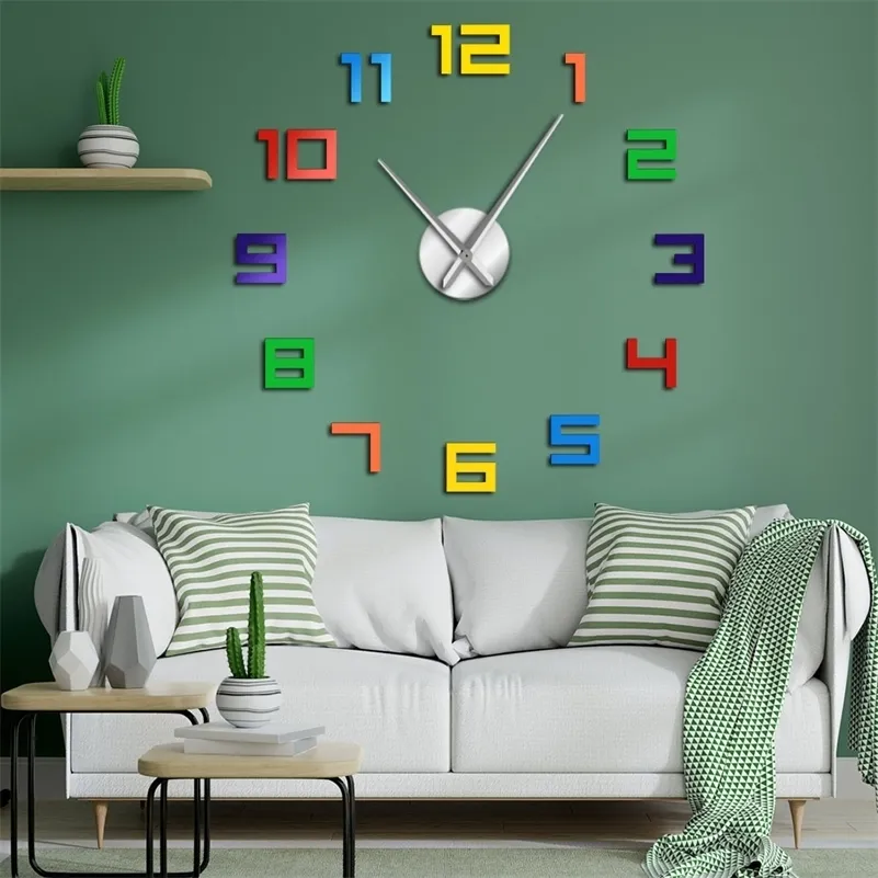 カラフルな数字フレームレスDIYの壁掛け時計レインボーカラージャイアントウォッチ色相手のArylic DIYビッグ数の家の装飾時計LJ201211