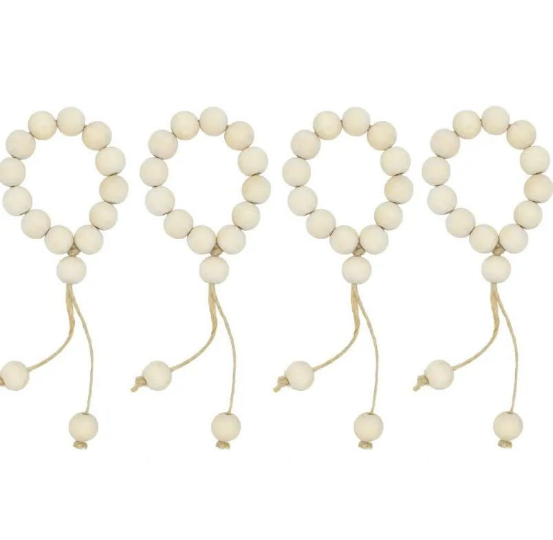 Ronds de serviette en perles de bois Guirlande de perles en bois faites à la main avec des glands Table Dîner Décoration Mariages Fête Maison Hôtel Décor 4pcs 1 lot DW6014