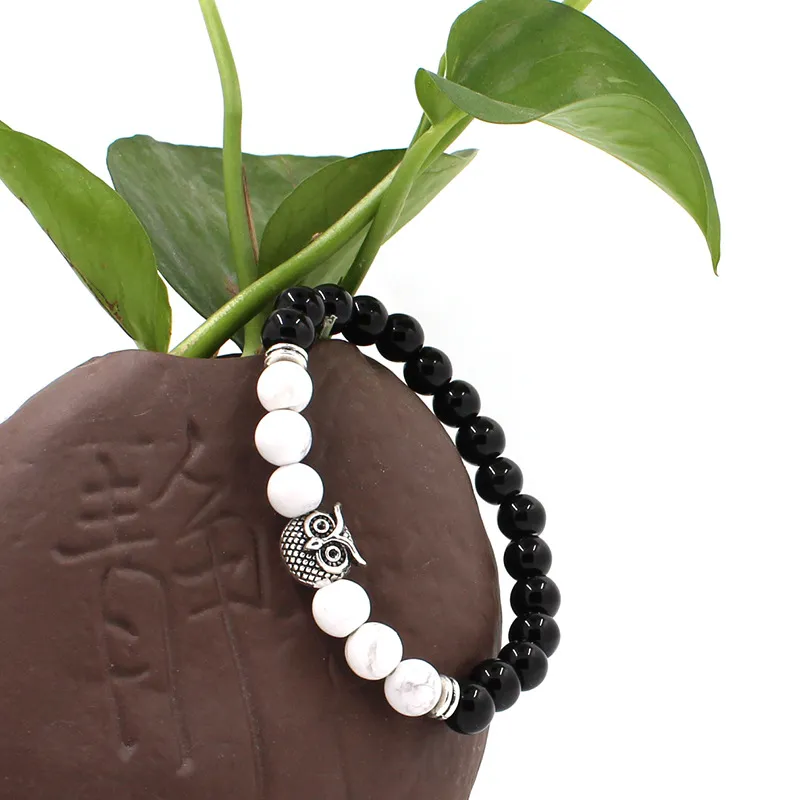 Update Natural Stone Owl Agate Beaded Strands Bracelcets Silver Gold Head Fashion Jewelry for Men Women