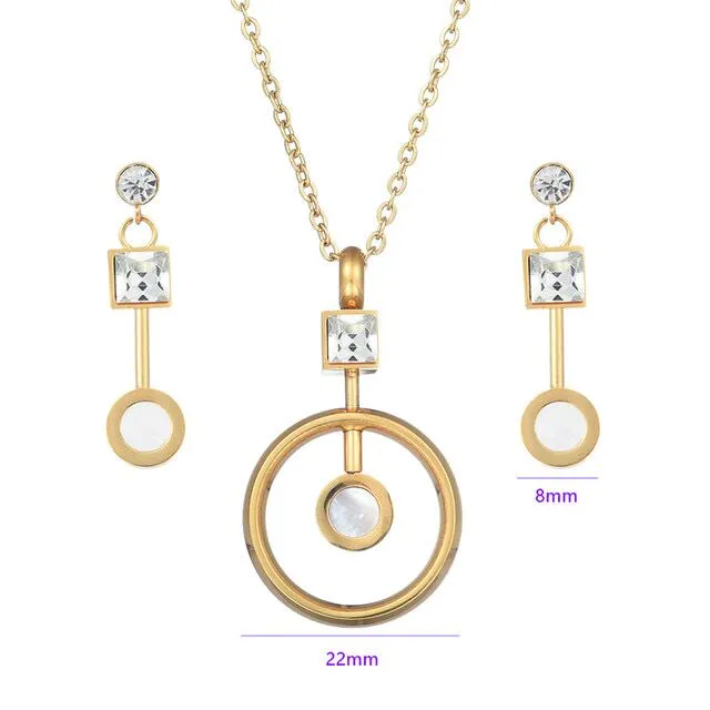 Gold Color Austrian Crystal Classic Hollow Round Necklace Pendant Earrings Jewelry Set