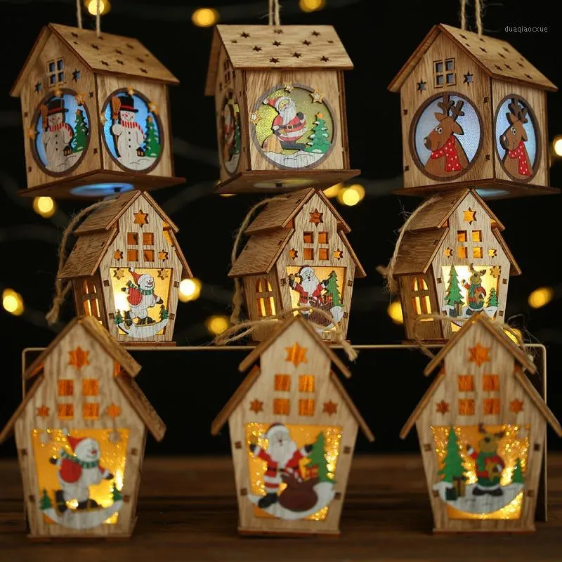 Boże Narodzenie LED Light Wood House Choinki Dekoracje Dla Domu Wiszące Wiszące Ozdoby Prezent Glowing Party Decor1