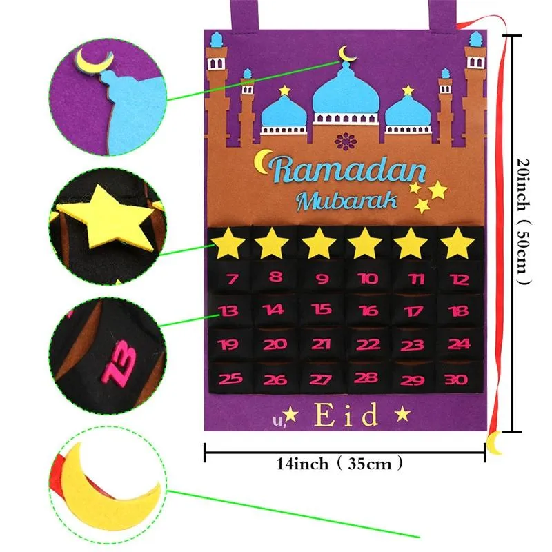 Calendário de contagem regressiva de Eid Calendar com 30 estrelas reutilizáveis ​​para crianças muçulmanos decoração de festa suprimentos RRE12875