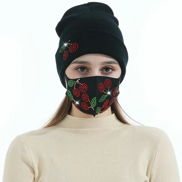 Winter Beanies Caps With Face Mask Sport Knit Crystal Party Hats Thicken Warm Casual Butterfly Print Caps Masks w-00562