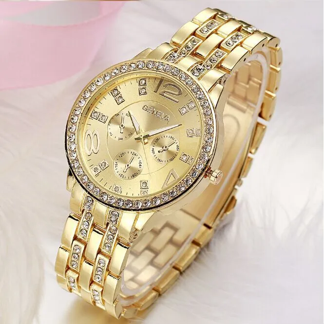 Mais novos Mens Geneva Relógios Rodada de Ouro De Aço Inoxidável Moda Relógio de Pulso para Homem Mulheres Diamante Quartzo Cristal Men Clock