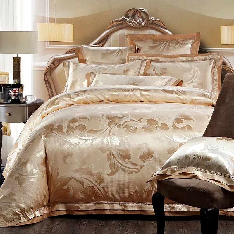 4/6pcs Gold Jacquard Satin bedding set king queen Luxury Tribute Silk quilt/duvet cover bed linen bedclothes set home textile T200706