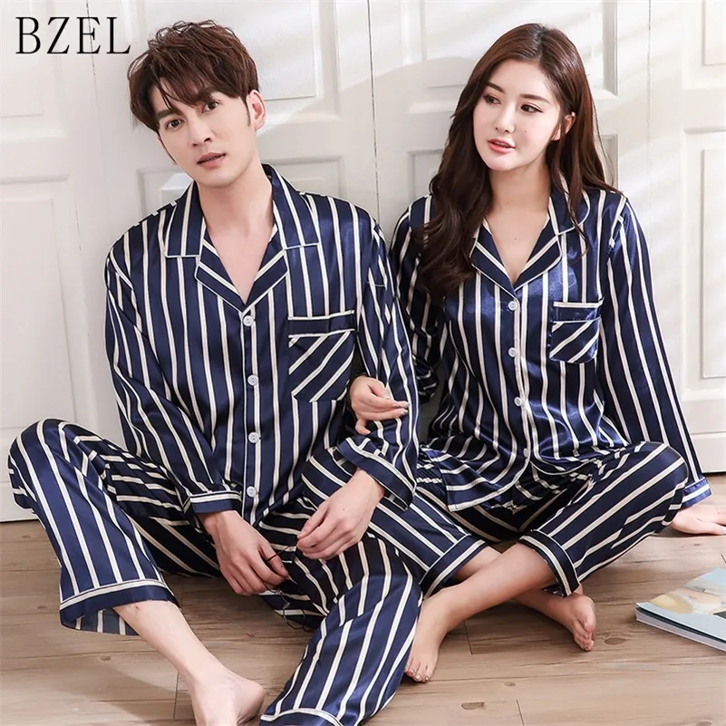 BZEL Couple Pyjama Ensembles Soie Satin Pijamas Rayé Vêtements De Nuit Son Costume Maison Pyjama Pour Amant Homme Femme Amoureux Vêtements Y200708