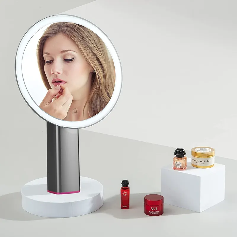Skönhetsposter Lighted Table Makeup Spegel med LED-lampor, Sguten Portable Vanity Desk 10X Förstoring, Uppladdningsbar Smart Kosmetisk 120 ° Roterande spegel