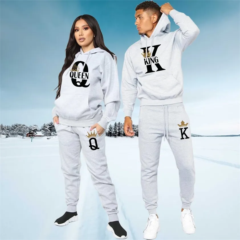 Modeliefhebber Paar Sportwear Set KONING KONINGIN Gedrukt Capuchon Kleding 2 STUKS Hoodie en Broek Plus Size Hoodie 220215