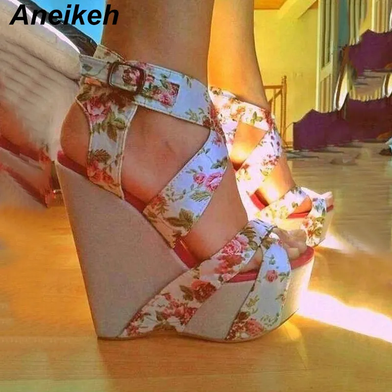 Aneikeh femmes sandales à talons compensés été 2020 nouvelle plate-forme sandales talons hauts chaussures bride à la cheville imprimer chaussures dames sandales pompes 1010