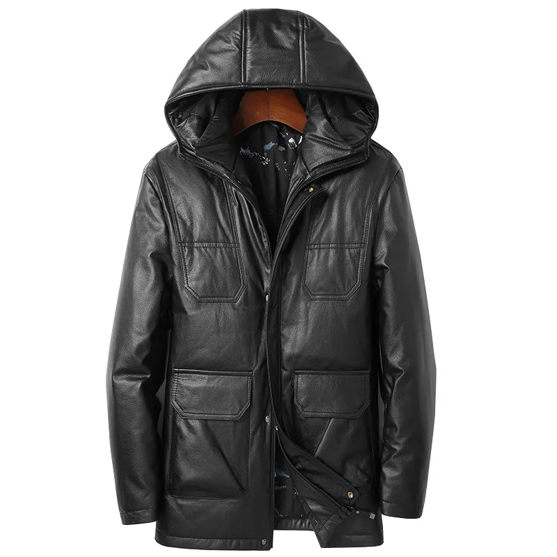 Mens Down Jacket Warm Coats Hooded Thick Overcoat Thermal Winter Parka Men Genuine Leather Snow Jackets Windbreaker Plus Size XXXL
