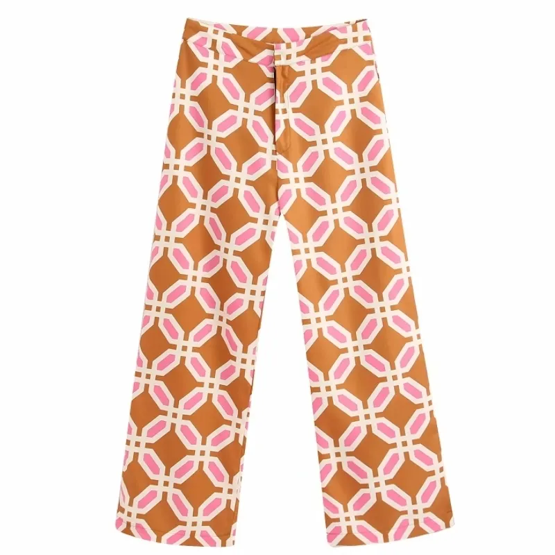 Women popular colorful geometric print straight pants femme leisure zipper Trousers office lady wear casual slim chic pants LJ201130