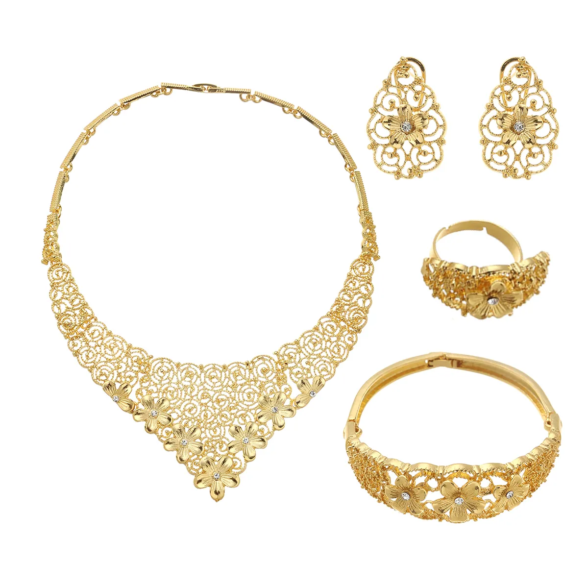 Dubai Gold African Bridal Jewelry Sets Wedding Gifts For Women Saudi Arab Necklace Bracelet Earrings Ring Jewelry Set