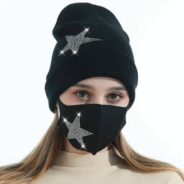 Winter Beanies Caps With Face Mask Sport Knit Crystal Party Hats Thicken Warm Casual Butterfly Print Caps Masks w-00562