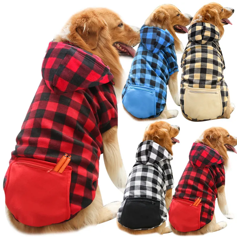 Plaid Zipper Pocket Size Dog Apparel Clothes Cat Pet Clotheses Autumn Winter Supplies Chest Strap with Hood WH0343