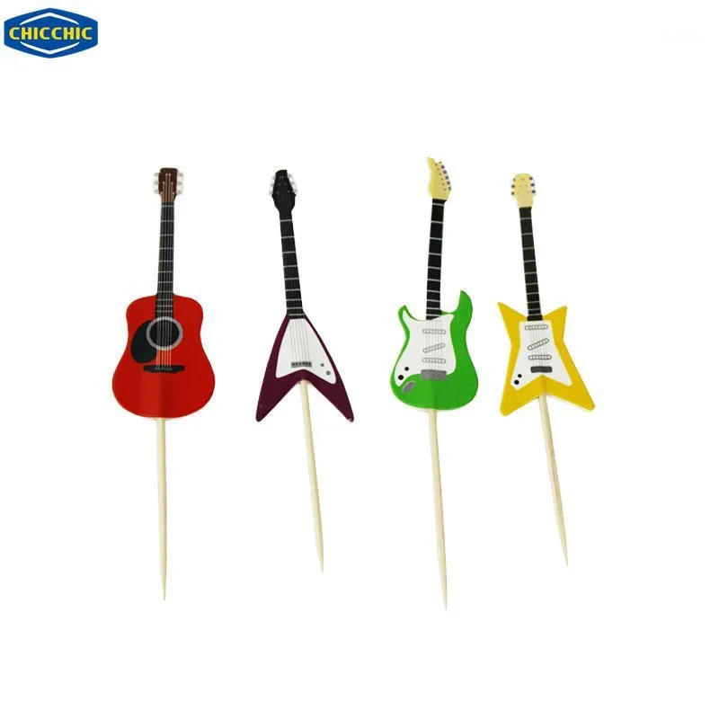 [chicchic] 24 قطع مجموعة الغيتار الملونة 4 أشكال كب كيك القبعات العالية تختار الديكور مع المسواك