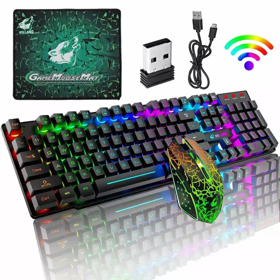 T3 Kablosuz Şarj Edilebilir Renkli Işık Oyun Klavye Mouse Combos dizüstü bilgisayarlar için kablosuz 2.4G arkadan aydınlatmalı klavye bilgisayar