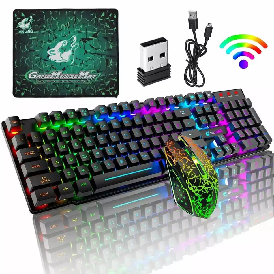 GAMING Pack Clavier LED Rétro-éclairé Rechargeable + Souris 2400DPI - Sans  fil - PC