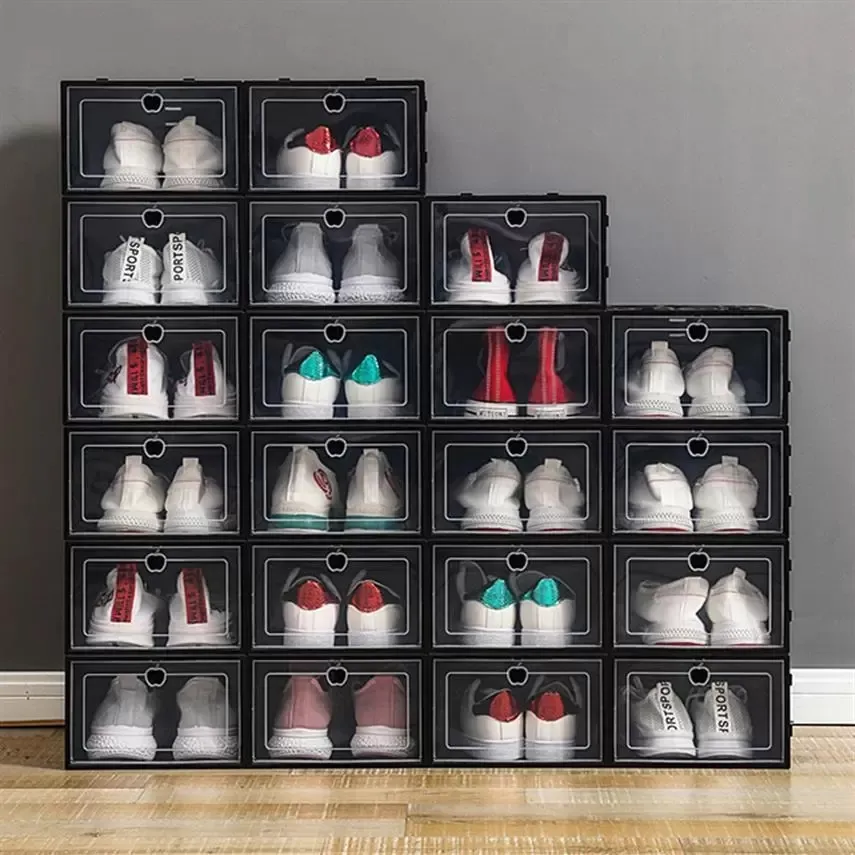 الجديد!!! صناديق الأحذية البلاستيكية الثخانة الصافية مربع تخزين الأحذية مقاوم للغبار الشفافة Flip Candy Color Allable Shoes Soster Boxes بالجملة BES121