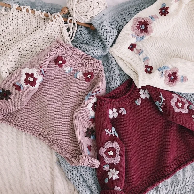 Зимняя цветочная вышивка вязаные дети девушки свитера ручной работы цветок детское пуловер кардиган малышей детская одежда 1-8Y 201109