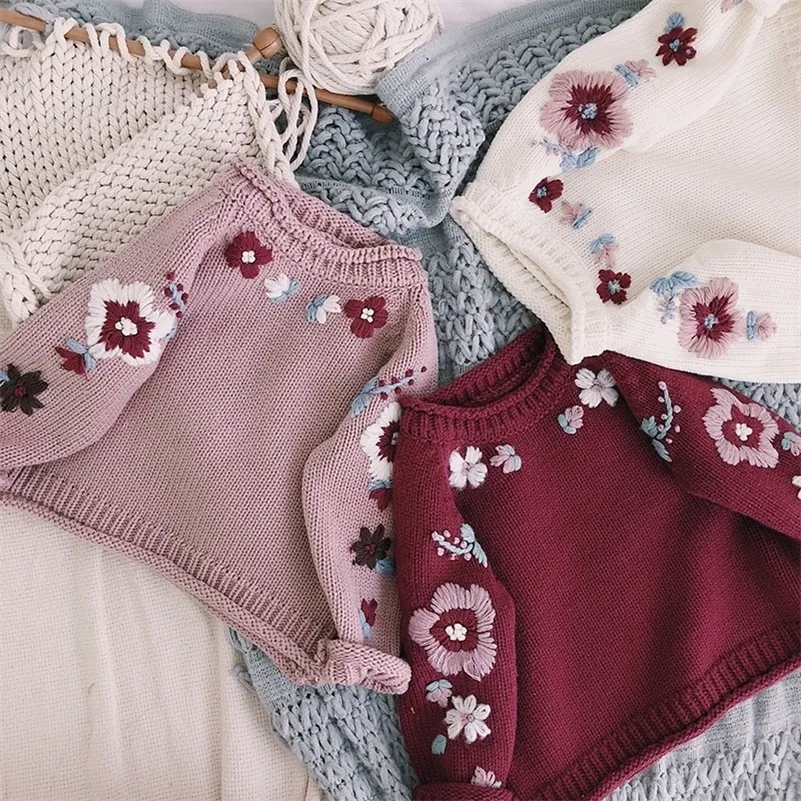 Hiver Floral Broderie Tricoté Enfants Filles Chandails À La Main Fleur Bébé Pull Cardigan Toddler Enfants Vêtements 1-8Y 201109