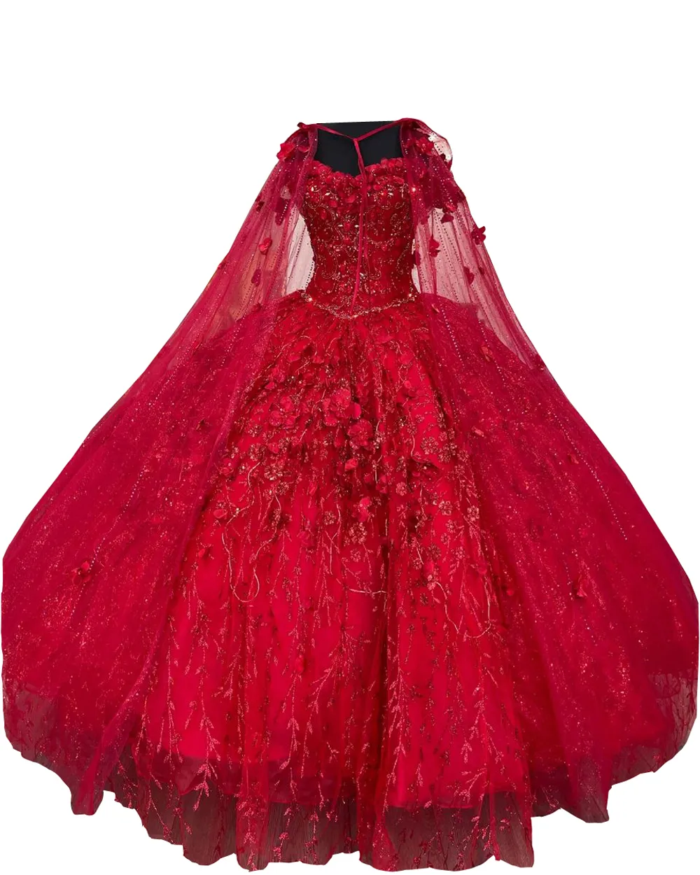 Modest Glitter Tulle Red Sparkly Quince Dress With 3D