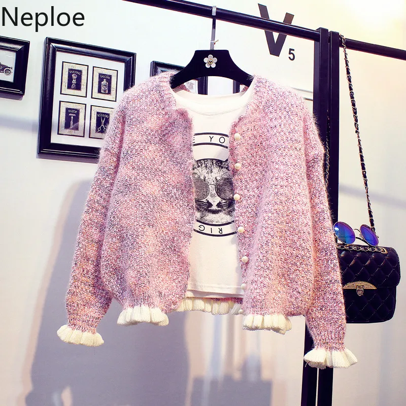Neoe Coreano Sweet Style Short Cardigans Suéter Mujeres elegantes Ruffles O Cuello Bead Veste Femme Foole Knit Student Coat 46277 201030