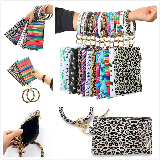 Portable PU Keychain Bracelet Wallet Leather Tassel Pendant Handbag Leopard Sunflower Print Bracelet Ladies Bag Gift