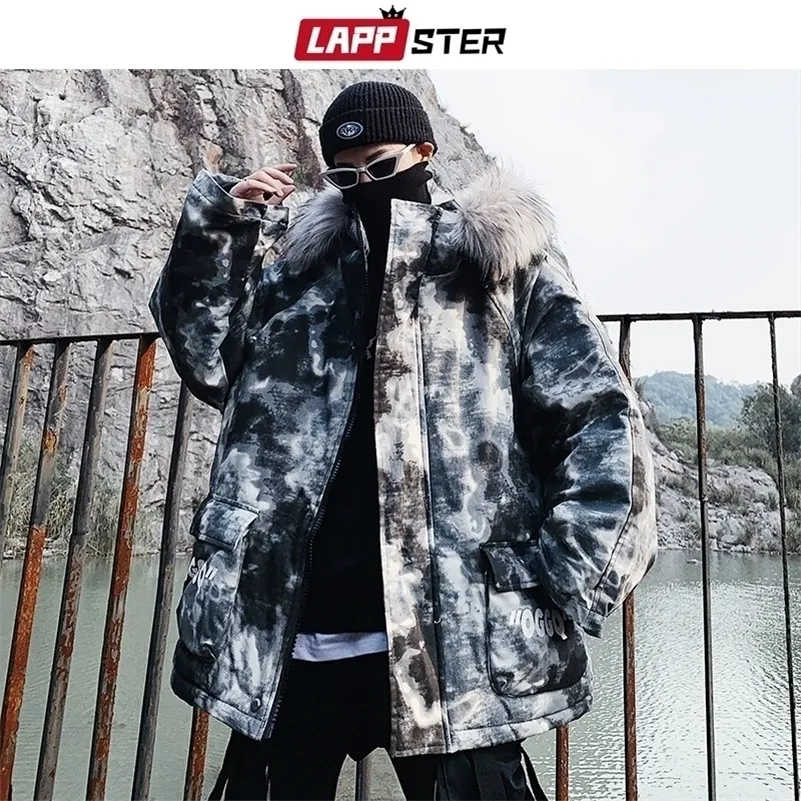 Lappster Camo Chaqueta de invierno Hombres gruesos Streetwear con capucha Parka Abrigo de piel Hombre Harajuku Japonés Negro Puffer Chaqueta Plus Tamaño 201123