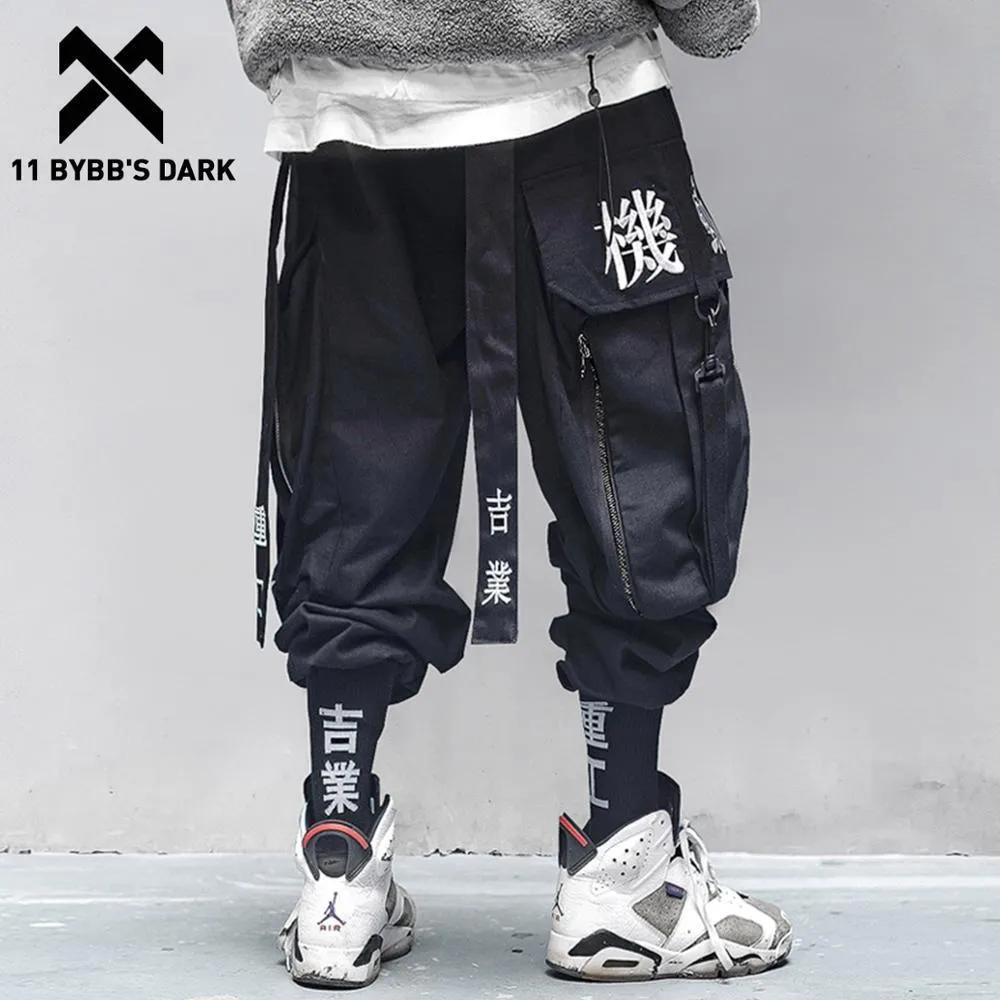 11 bybb의 어두운 멀티 포켓 힙합 바지 남자 리본 탄성 허리 하라주쿠 streetwear 조깅자 망 바지 Techwear 바지 201106