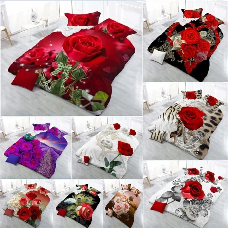 3D Red Rose Bedding Set Linen Flower Double Bed Sheet King Duvet Quilt Cover Bedclothes Pillowcase 4pcs/set Home Textile Beauty 201021