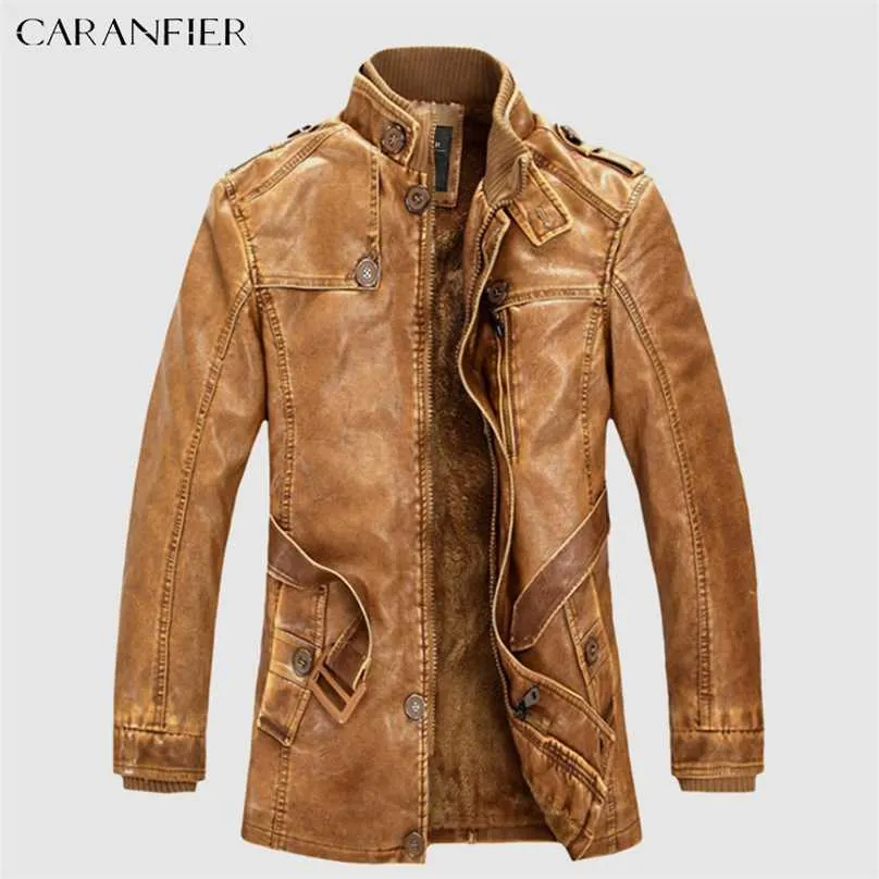 Caranfier mannen pu lederen lange jas Britse stijl casual zakenlieden mannelijke winddicht fleece warme moto biker bovenkleding heren parka 211222