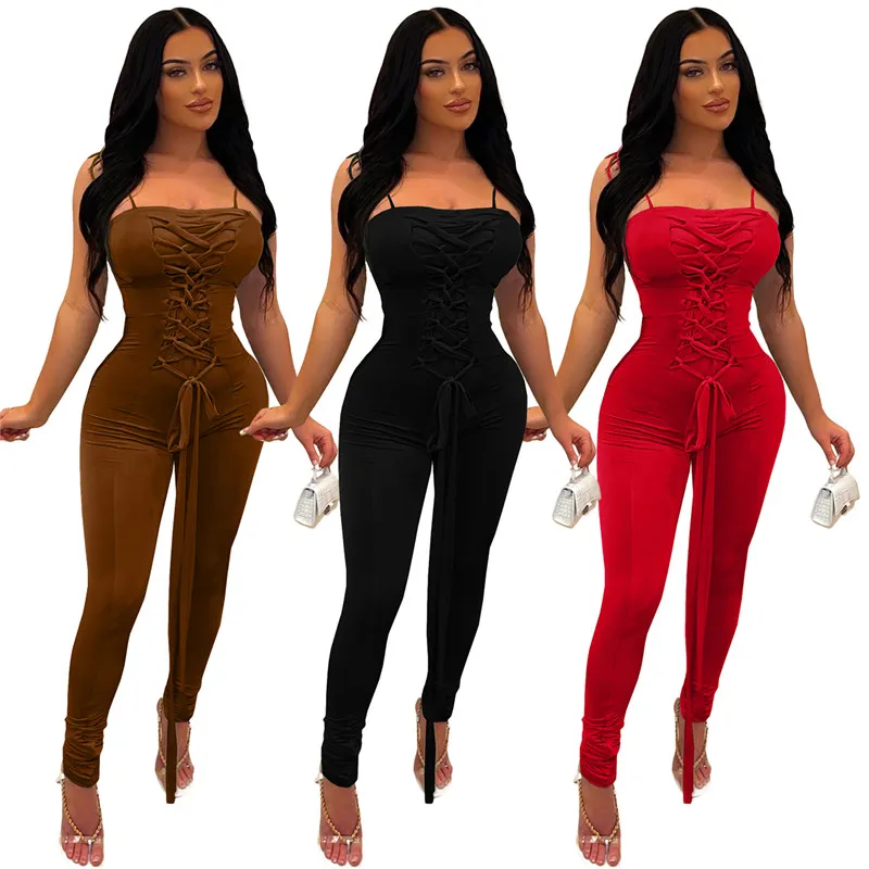 Großhandel Overalls Sommer Kleidung Frauen Träger Strampler Ärmellose Pullover Lässiger Solid Bodycon Bodysuit 2XL Schwarz Bandage Leggings Bulk 7024