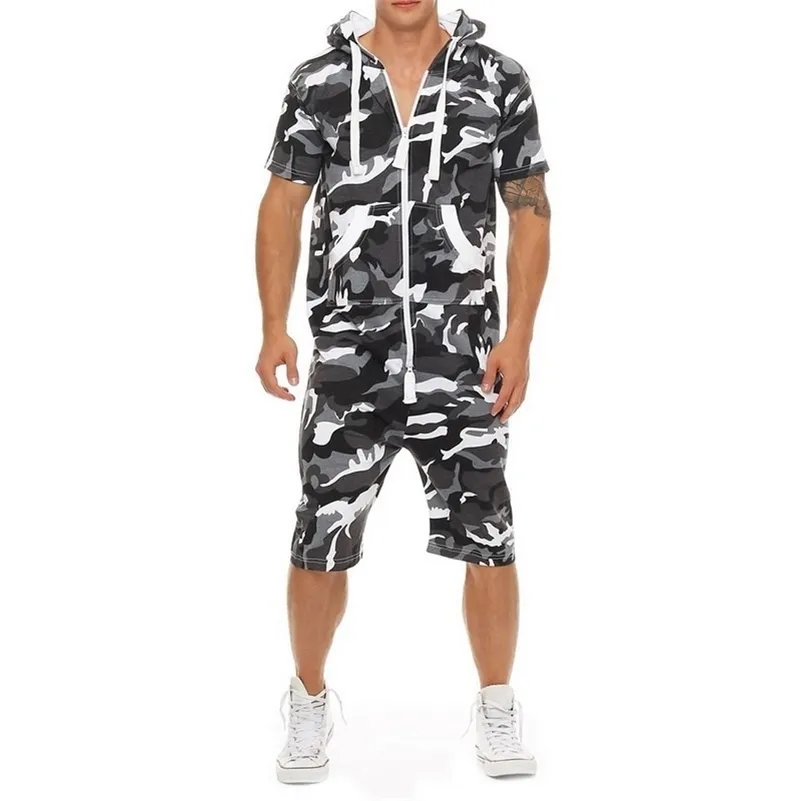 Casual Träningsoverall Hoodies Jumpsuit Herr Kortärmad sommaroverall Patchwork Pantalones Hombre Camo Sportwear Kortbyxor Romper 201109