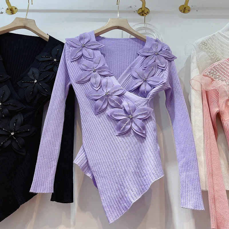 Nieuw ontwerp dames herfst v-hals kralen 3D bloem patchwork lange mouwen gebreide asymmetrische trui top truien
