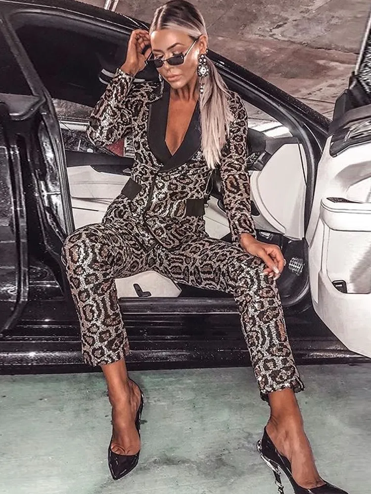 Sequined Leopard Print Blazer & Pants Set - Womens 2-Piece