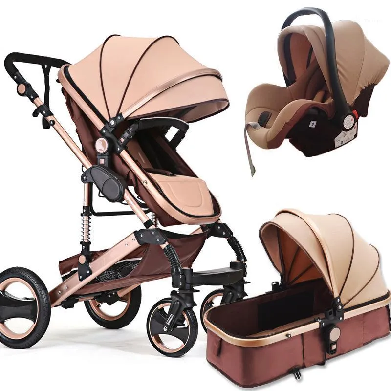 Designer 3 en 1 Poussette bébé High View avec siège de voiture de sécurité Chariot bidirectionnel pour nouveau-né léger à quatre roues Costume haut de gamme Mode douce