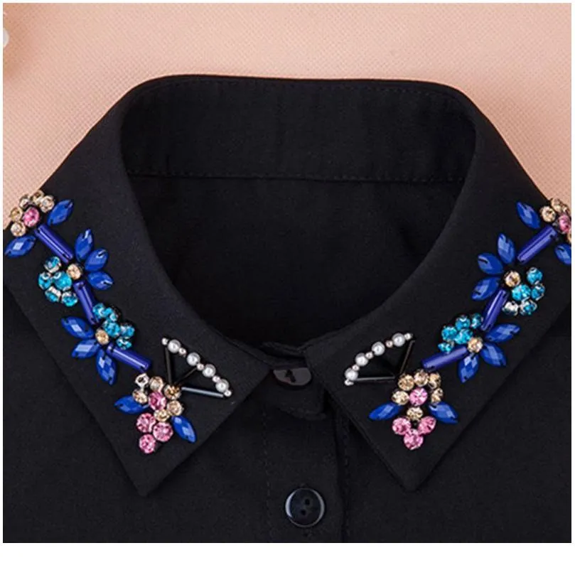 Mujeres otoño gasa desmontable falso collar colorido falso diamante cristal floral solapa medio blose decorativo fal jllxpo