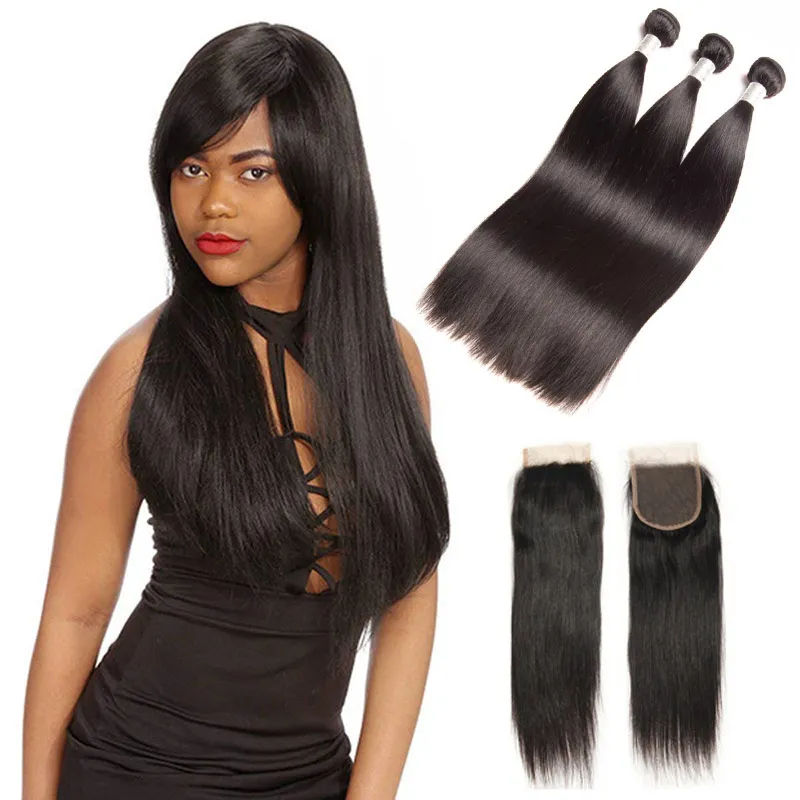 Brazilian Human Hair Straight 3 Bundles With 4x4 Lace  display picture 3