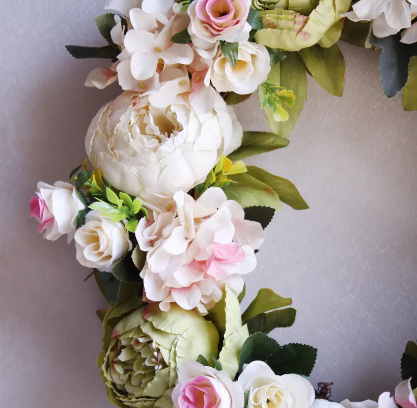 Ghirlanda Porta Con Peonie Fatte A Mano 58 Cm – Fiori In Seta E Rattan, Decorazione Per Interni/Esterni, Primavera - 2