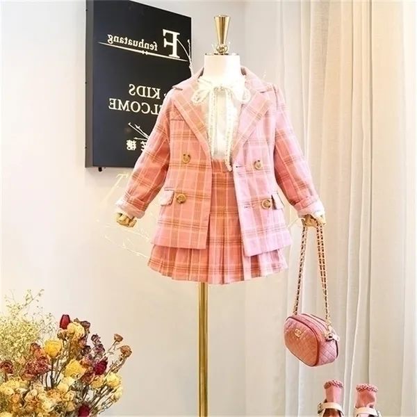 2019 Höst Ny Ankomst Tjejer Mode Rosa Suit 2 Pieces Sets Coat + Kjol Barnkläder Kids Kläderx1019